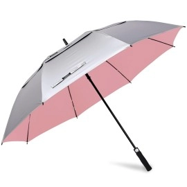 G4Free 68 Inch Uv Protection Golf Umbrella Auto Open Extra Large Windproof Sun And Rain Umbrellas Double Canopy (Silver/Pink)