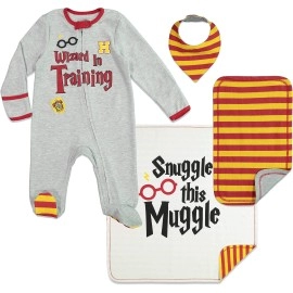 Harry Potter Newborn Baby Boy Or Girl Zip Up Sleep N Play Coverall Bib Blanket And Burp Cloth 4 Piece Outfit Set 0-6 Months