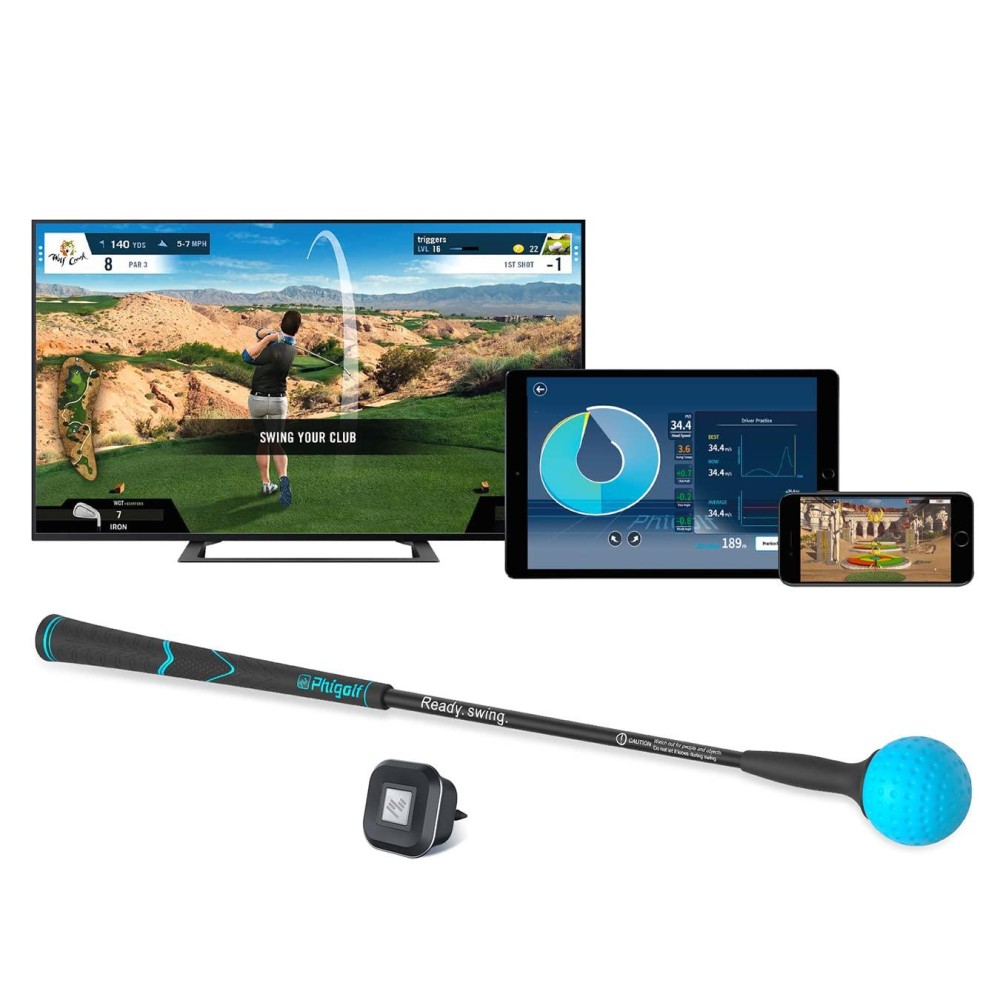 Phigolf Home Golf Simulator With Weighted Swing Stick, Indoor & Outdoor Use, Swing Trainer With Motion Sensor & 3D Swing Analysis, Supports Android And Ios Devices, Compatible With Wgt & E6 Connect