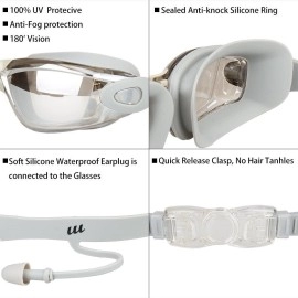 AOKELILY Swim Goggles and Cap Set 4 in 1, UV 400 Protection Lenses Clear Anti-Fog Swimming Goggles Waterproof No Leaking with Nose Clip + Ear Plugs for Adult Men Women Kids (Gray)