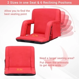 Sportneer Portable Stadium Seat Reclining Chair For Bleachers With Back Supports, Thick Padded Cushion, Pockets And Arm Rests Lightweight Chairs For Sport Events, Beaches, Camping, Picnics 2Pack Red