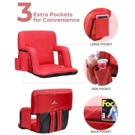 Sportneer Portable Stadium Seat Reclining Chair For Bleachers With Back Supports, Thick Padded Cushion, Pockets And Arm Rests Lightweight Chairs For Sport Events, Beaches, Camping, Picnics 2Pack Red