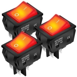 DaierTek 30A 250V KCD2 KCD4 Rocker Switch DPST 4 Pin Red Lighted 120V Rocker Toggle Switch ON Off Heavy Duty T125-3Pack