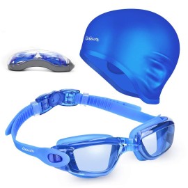 Uniswim Swimming Goggles Cap Pack Professional Swim Glasses Silicone Swimming Hat Set For Adult-Blue