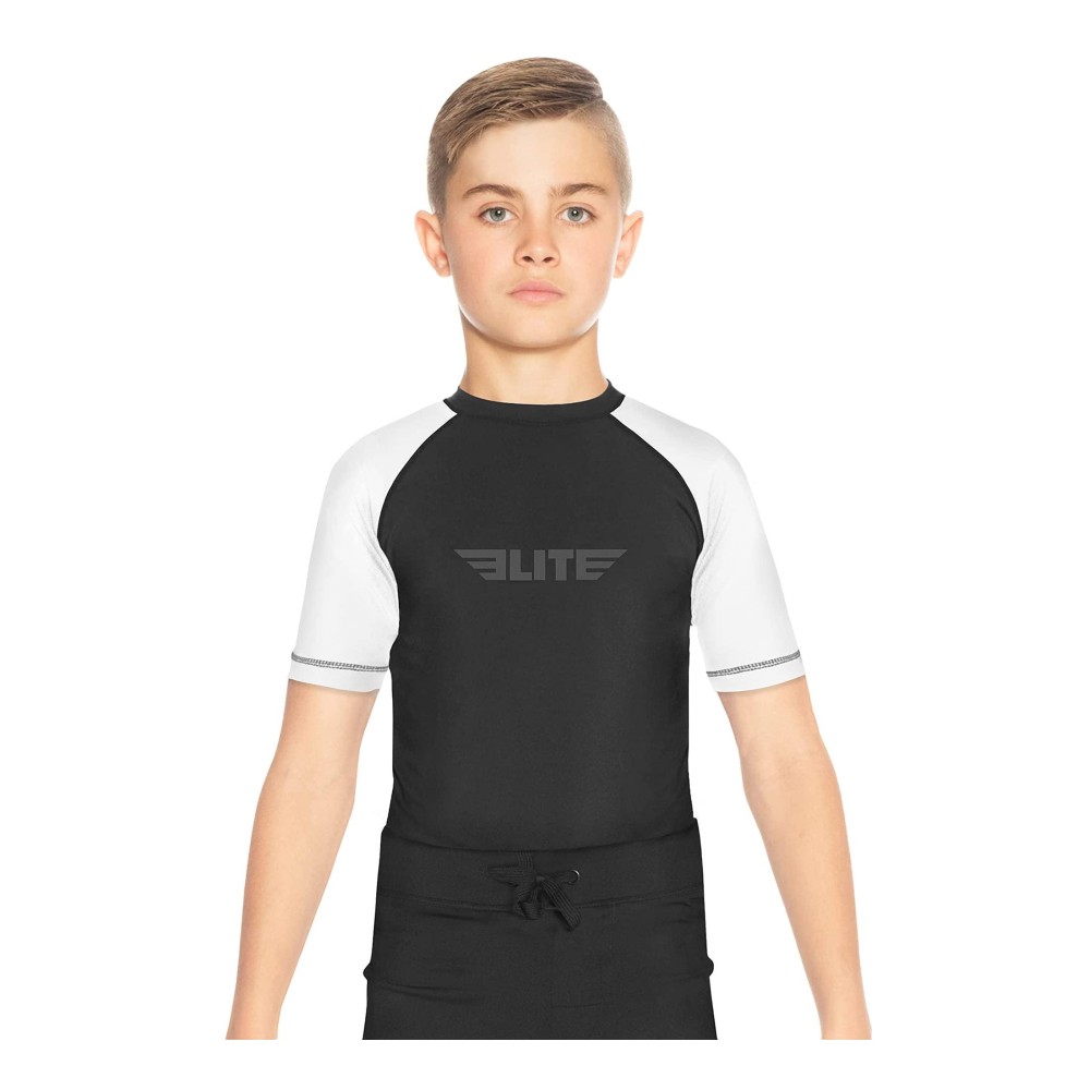 Elite Sports Rash Guards For Boys And Girls, Short Sleeve Compression Bjj Kids And Youth Rash Guard (White,Large)