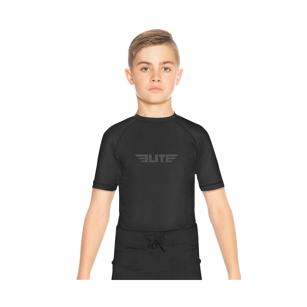 Elite Sports Rash Guards For Boys And Girls, Short Sleeve Compression Bjj Kids And Youth Rash Guard (Black, X-Large)