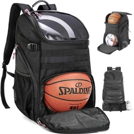 TRAILKICKER 35L Basketball Backpack Large with Ball Compartment and Shoe Pocket Outdoor Sports Equipment Bag for Basketball Soccer Volleyball Gym Swim School Travel for Mens Boy Black