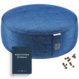 Mindful & Modern Velvet Meditation Cushion Luxe Zafu Yoga Floor Pillow Seat Posture Support Buckwheat Hull Filled Large Round Cushion With Removable Washable Cover + Carry Handle Color Blue