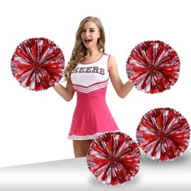 Pack of 4 Cheerleading Pom Poms Foil Plastic Metallic Cheerleader Pom Poms for Cheer Sport Kids Adults Team Spirit Cheering (Red/Silver)