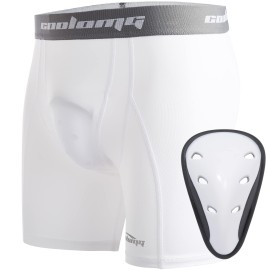 Coolomg Athletic Cups Youth Boys Sliding Shorts With Protective Cup Baseball Football Mma Lacrosse Hockey White M
