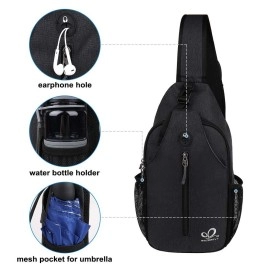 WATERFLY Crossbody Sling Backpack Sling Bag Travel Hiking Chest Bag Daypack (Black)
