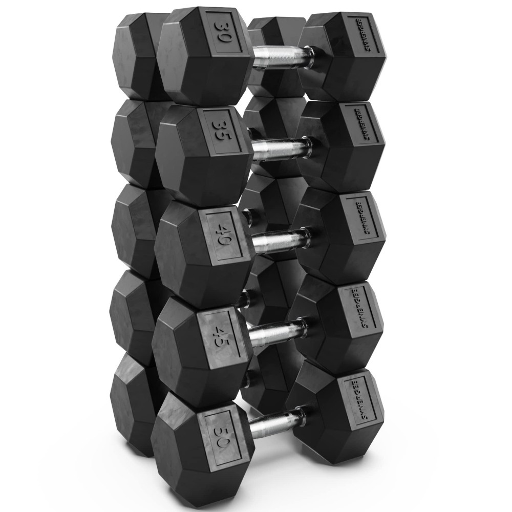 Synergee Rubber Hex Dumbbells - Chrome - 30-50Lbs - Set