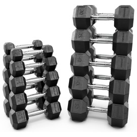 Synergee Rubber Hex Dumbbells - Chrome - 5-50Lbs - Set