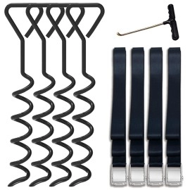 Eurmax USA Trampoline Stakes Heavy Duty Trampoline Parts Corkscrew Shape Steel Stakes Anchor Kit with T Hook for Trampolines -Set of 4 Bonus 4 Strong Belt,Black