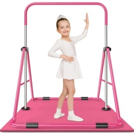 Safly Fun Expandable Gymnastics Bars Junior Training Bar Gymnastic Folding Horizontal Bars With Mat For Kids(Pink+Mat)