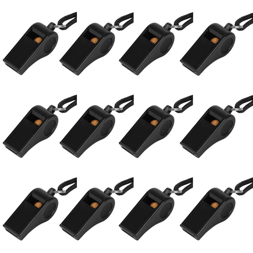 Fya Sports Whistle With Lanyard, Super Loud Whistle, 12Pcs Black Plastic Whistlesain A Separate Package, Perfect For Coaches, Referees, And Officials