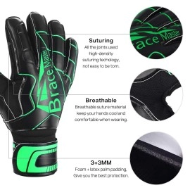 Goalie Gloves For Youth & Adult, Goalkeeper Gloves Kids With Finger Support, Black Latex Soccer Gloves For Men And Women, Junior Keeper Football Gloves For Training And Match, Size 8