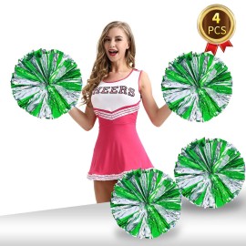 Pack of 4 Cheerleading Pom Poms Foil Plastic Metallic Cheerleader Pom Poms for Cheer Sport Kids Adults Team Spirit Cheering (Green/Silver)