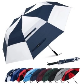 G4Free 62Inch Portable Golf Umbrella Automatic Open Large Oversize Vented Double Canopy Windproof Waterproof Sport Umbrellas(Blue/White)