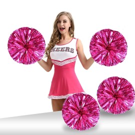 Pack of 4 Cheerleading Pom Poms Foil Plastic Metallic Cheerleader Pom Poms for Cheer Sport Kids Adults Team Spirit Cheering (Rose Red)