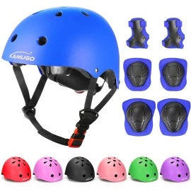 Kamugo Kids Adjustable Helmet, With Sports Protective Gear Set Knee Elbow Wrist Pads For Toddler Age 3-8 Boys Girls, Bike Skateboard Hoverboard Scooter Rollerblading Helmet Set (Blue)