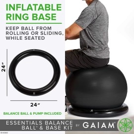 Gaiam Essentials Balance Ball & Base Kit, 65cm Yoga Ball Chair, Exercise Ball with Inflatable Ring Base for Home or Office Desk, Includes Air Pump, Black