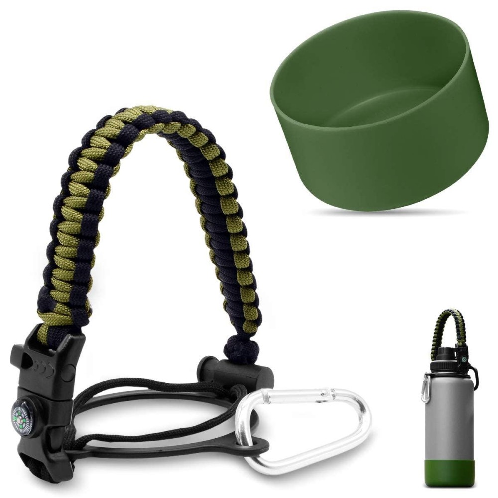 Affute Paracord Handle For Hydroflask Wide Mouth Bottles, With Safety Ring And Carabiner, Plus One Protective Silicone Sleeve, Best Value Set (12-24Oz, Army Green)