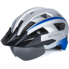 Victgoal Bike Helmet For Men Women With Led Light Detachable Magnetic Goggles Removable Sun Visor Mountain Road Bicycle Helmets Adjustable Size Adult Cycling Helmets (L: 57-61 Cm, Silver)