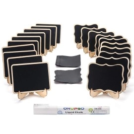 Onupgo 20 Pack Mini Chalkboards Signs With 1 Liquid Chalk Marker, Small Wooden Chalkboard Labels With Support Easels, Place Cards Food Signs Blackboards For Table Numbers, Weddings, Party Decoration