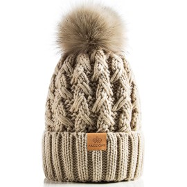 PAGE ONE Womens Winter Ribbed Beanie Crossed Cap Chunky Cable Knit Pompom Soft Warm Hat Oatmeal