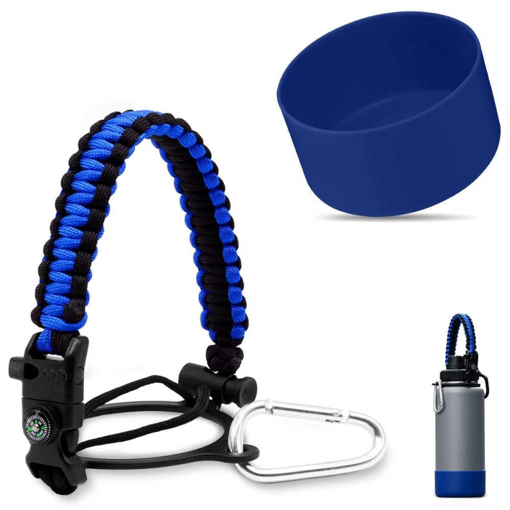Affute Paracord Handle For Hydroflask Wide Mouth Bottles, With Safety Ring And Carabiner, Plus One Protective Silicone Sleeve, Best Value Set (12-24Oz, Darkblue)