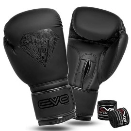 Evo Fitness Matte Black Boxing Gloves Mma Muay Thai Martial Arts Kick Boxing Sparring Training Fighting Men Punch Bag Women Gloves With Hand Wraps (Black Diamond Matt, 10 Oz)