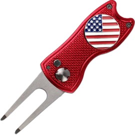 Champmate Golf Divot Tool, Stainless Steel Switchblade And Foldable Magnetic With Usa Golf Ball Marker In 5 Designs (Red Usa Flag)