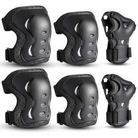 Kids/Youth/Adult Knee Pads Elbow Pads with Wrist Guards Protective Gear Set 6 Pack for Rollerblading Skateboard Cycling Skating Bike Scooter Riding Sports (Black, M/youyh(8-12 Years))