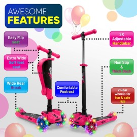 3 Wheeled Scooter for Kids - Stand & Cruise Child/Toddlers Toy Folding Kick Scooters w/Adjustable Height, Anti-Slip Deck, Flashing Wheel Lights, for Boys/Girls 2-12 Year Old - Hurtle HURFS66 (Pink)