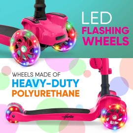 3 Wheeled Scooter for Kids - Stand & Cruise Child/Toddlers Toy Folding Kick Scooters w/Adjustable Height, Anti-Slip Deck, Flashing Wheel Lights, for Boys/Girls 2-12 Year Old - Hurtle HURFS66 (Pink)