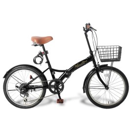 P-008N Folding Bicycle With Basket, 20 Inches, S-Shaped Frame, Shimano 6-Stage Gear, Light And Wire Lock Included, Black