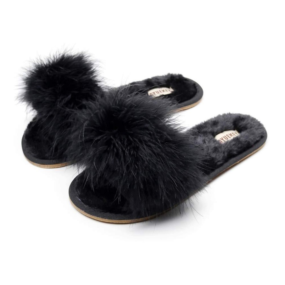 Fayuekey Real Fur Slippers For Women Summer Autumn Fluffy Furry Soft Plush Open Toe Slides Flats Shoes (10, Black)