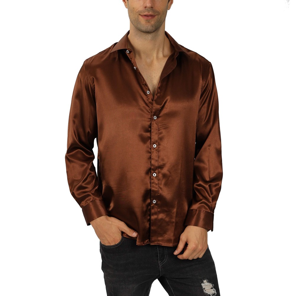 Vicalled Mens Satin Luxury Dress Shirt Slim Fit Silk Casual Dance Party Long Sleeve Fitted Wrinkle Free Tuxedo Shirts Coffee