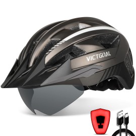 Victgoal Bike Helmet With Usb Rechargeable Rear Light Detachable Magnetic Goggles Removable Sun Visor Mountain & Road Bicycle Helmets For Men Women Adult Cycling Helmets (L: 57-61 Cm, Ti)