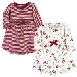 Touched By Nature Girls, Toddler, Baby And Womens Organic Cotton Short-Sleeve And Long-Sleeve Dresses, Holly Berry Long Sleeve, 12-18 Months