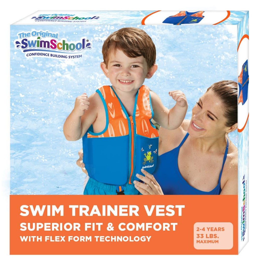 New Swimschool Swim Trainer Vest - Small/Medium Max 33 Pounds - Kids Swim Vest With Padded Shoulders - Comfortable Flex-Form-Fit Design With Adjustable Safety Strap - Blue/Orange