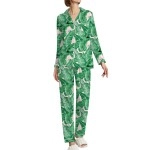 Ekouaer Long Sleeve Pajamas Set For Women Button Down Nightwear Soft Cotton Sleepwear (X-Large,Green Leaves)
