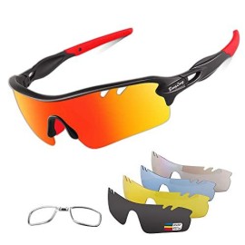 Polarized Sports Sunglasses Cycling Sun Glasses For Men Women With 5 Interchangeable Lenes For Running Baseball Golf Driving (Blackred, 75)
