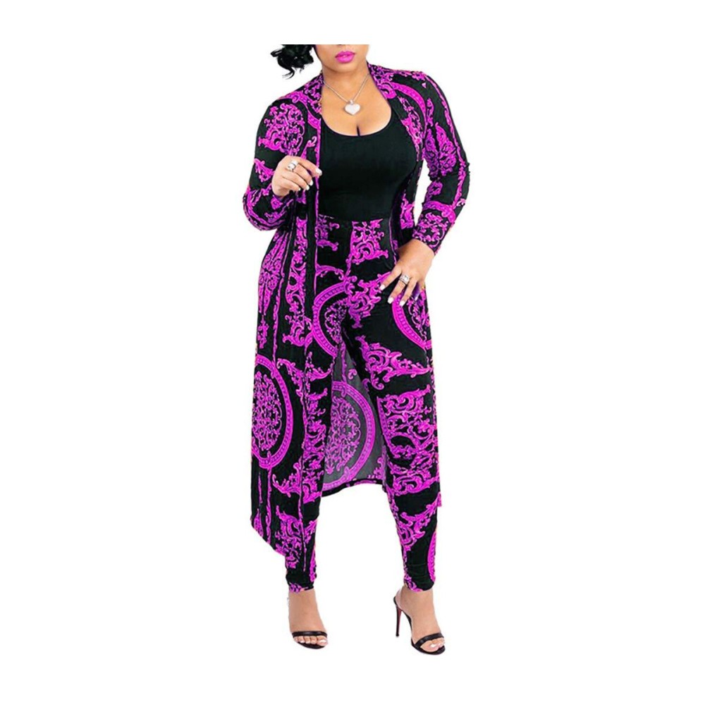 Max2Co Women 2 Piece Outfits Floral Long Sleeves Open Front Cardigan Cover Up With Leggings High Waist Long Pants Set Purple 3Xl