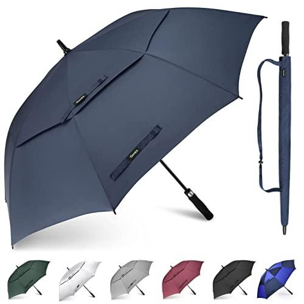 Gonex 62 Inch Extra Large Golf Umbrella, Automatic Open Travel Rain Umbrella With Windproof Water Resistant Double Canopy, Oversize Vented Umbrellas For 2-3 Men And Uv Protection, Navy