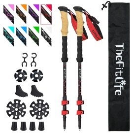 Thefitlife Carbon Fiber Trekking Poles - Collapsible And Telescopic Walking Sticks With Natural Cork Handle And Extended Eva Grips, Ultralight Nordic Hiking Poles For Backpacking Camping (Red)