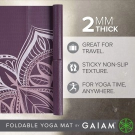 Gaiam Yoga Mat Folding Travel Fitness & Exercise Mat | Foldable Yoga Mat for All Types of Yoga, Pilates & Floor Workouts, Cranberry Point, 2mm