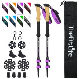 Thefitlife Carbon Fiber Trekking Poles - Collapsible And Telescopic Walking Sticks With Natural Cork Handle And Extended Eva Grips, Ultralight Nordic Hiking Poles For Backpacking Camping (Purple)