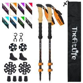 Thefitlife Carbon Fiber Trekking Poles - Collapsible And Telescopic Walking Sticks With Natural Cork Handle And Extended Eva Grips, Ultralight Nordic Hiking Poles For Backpacking Camping (Orange)